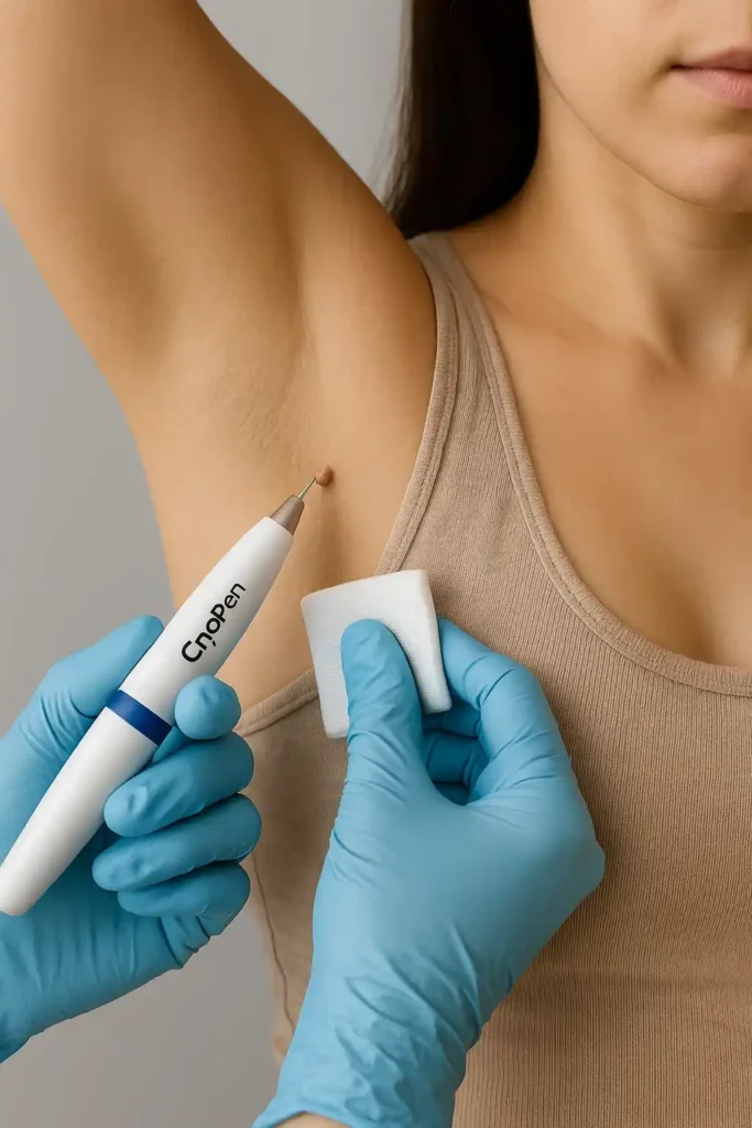woman having cryopen to remove underarm skin tags Chipping Norton